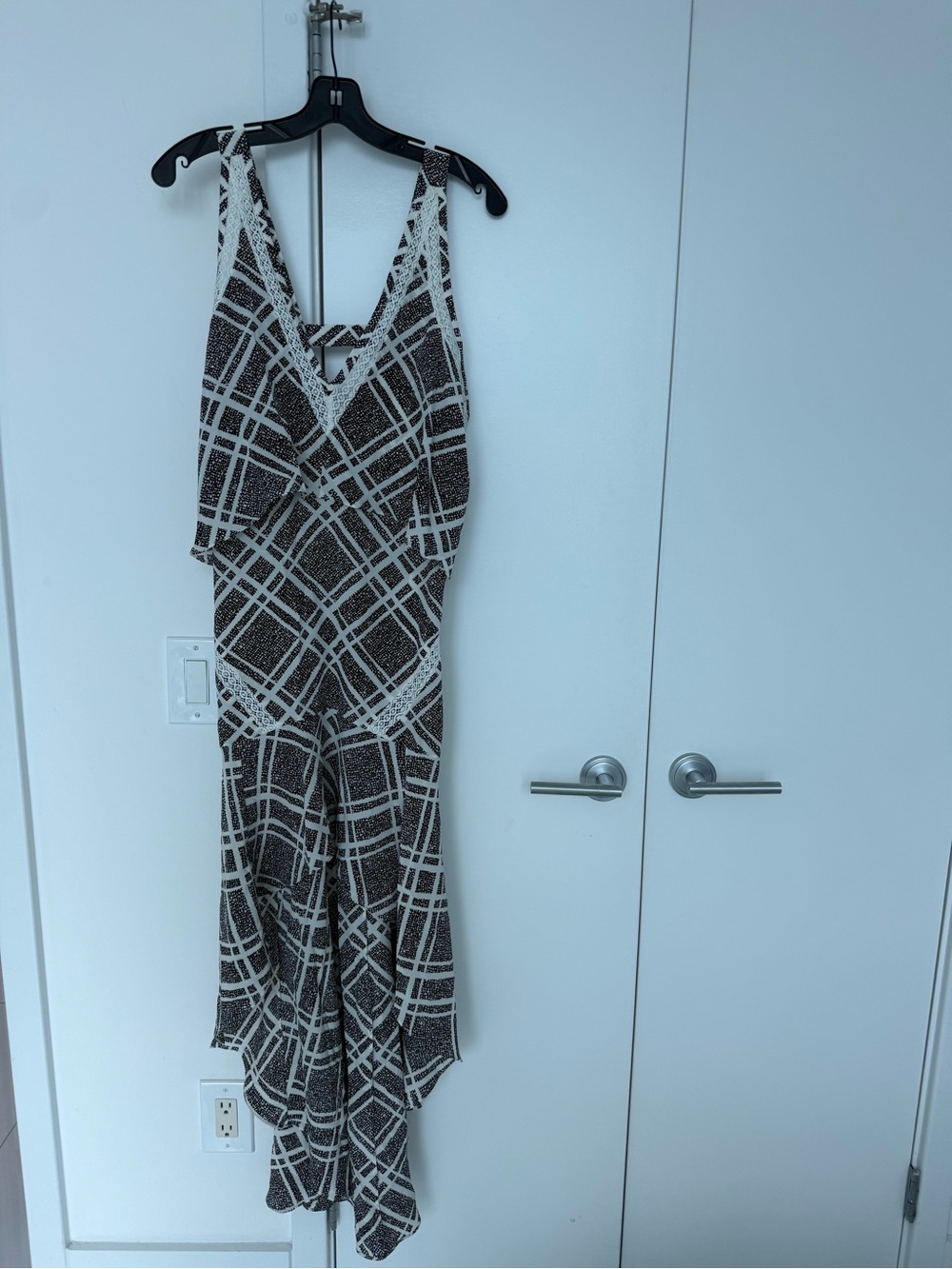 Black and White distressed Plaid V-Neck hi lo Women's Dress with trim SILK